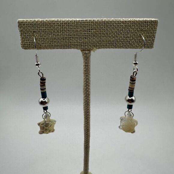 2.25" Revived mother of pearl turtle, turquoise and heishi beaded earrings! - Picture 4 of 12